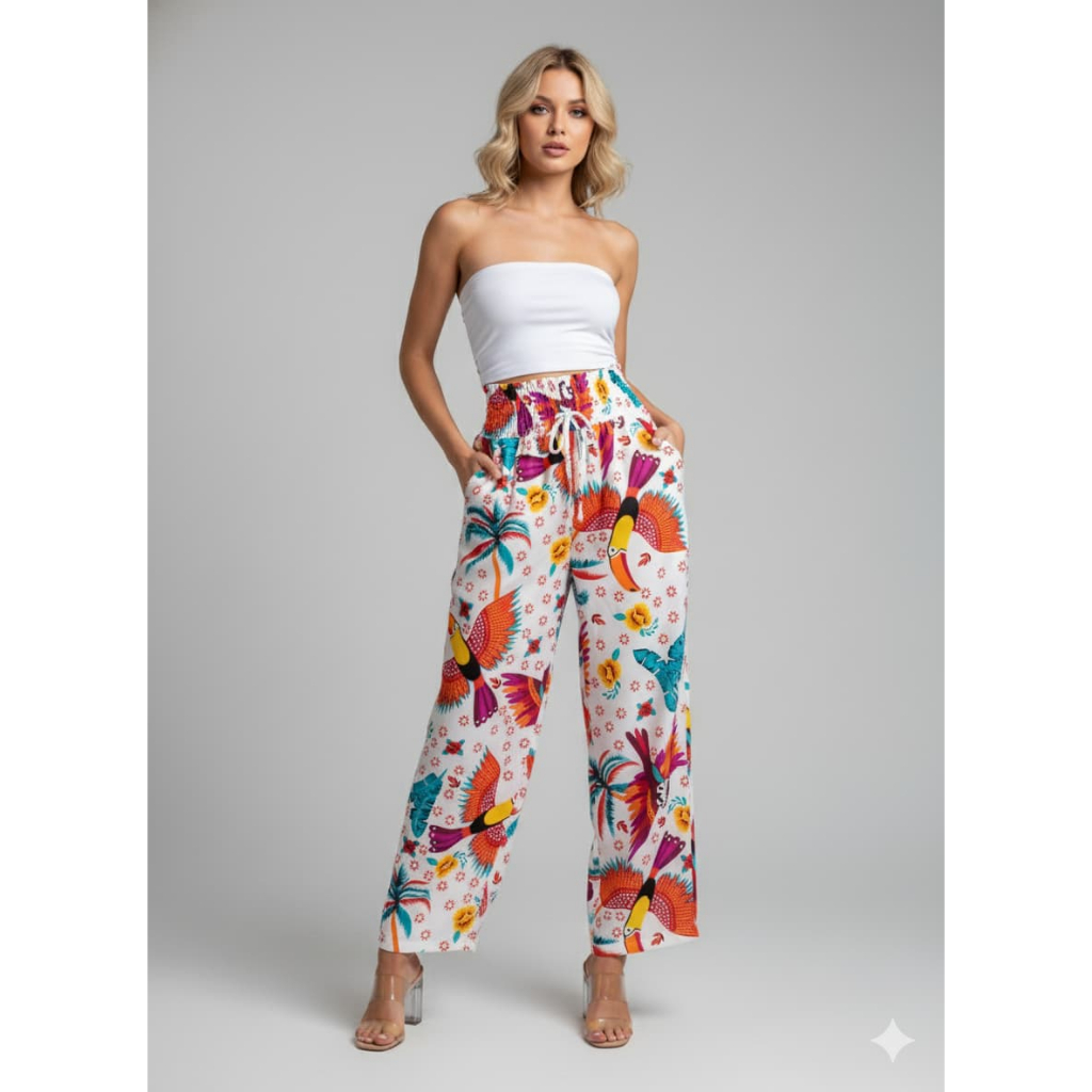 Calça Feminina Farm Pantalona Cós Alto Wide Leg Moda Casual Crepinho Verão 2025