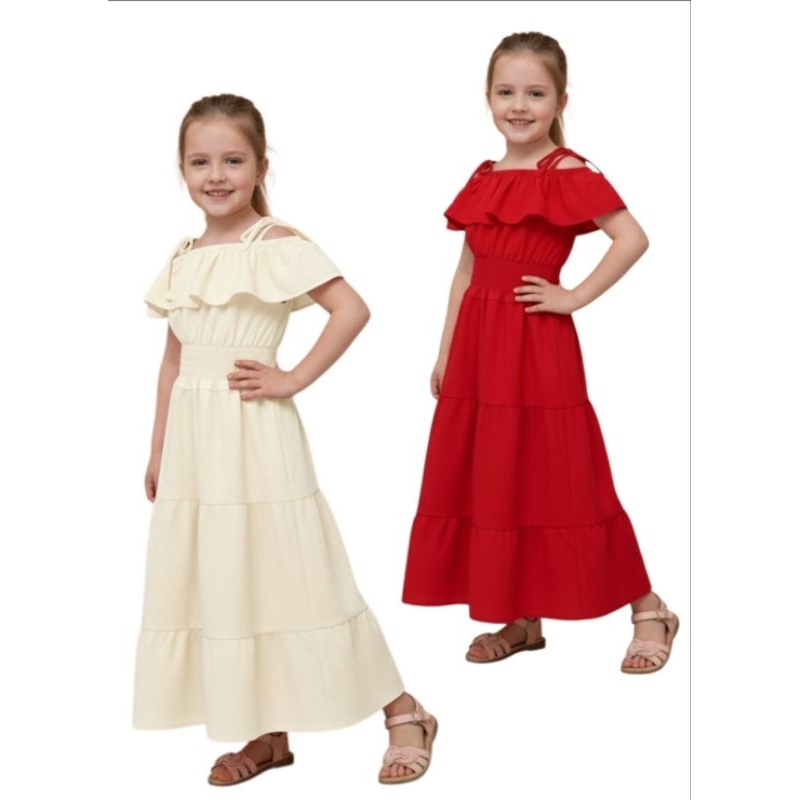 Vestido Infantil Longo Vermelho Menina Natal Festas Elegante Babado Ombro a Ombro