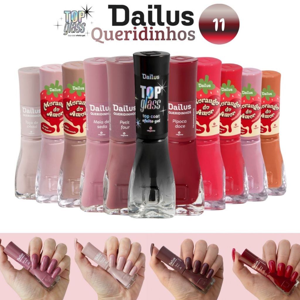 Esmaltes Dailus Kit 10 Cores Sortidas + Top Coat Top Glass Efeito Gel