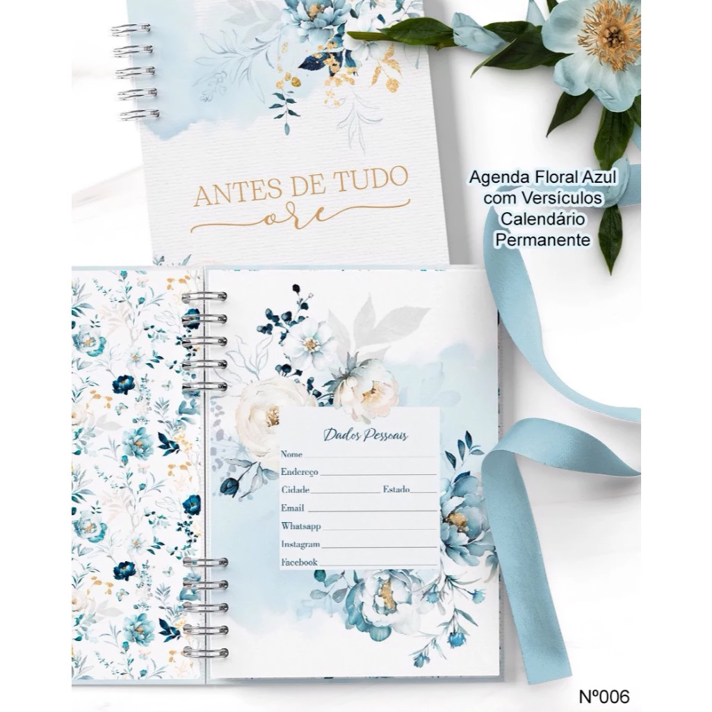 Kit 21 Agendas Floral Azul com Versículos Personalizada com Nome -1 versículo por dia–Calendário Permanente