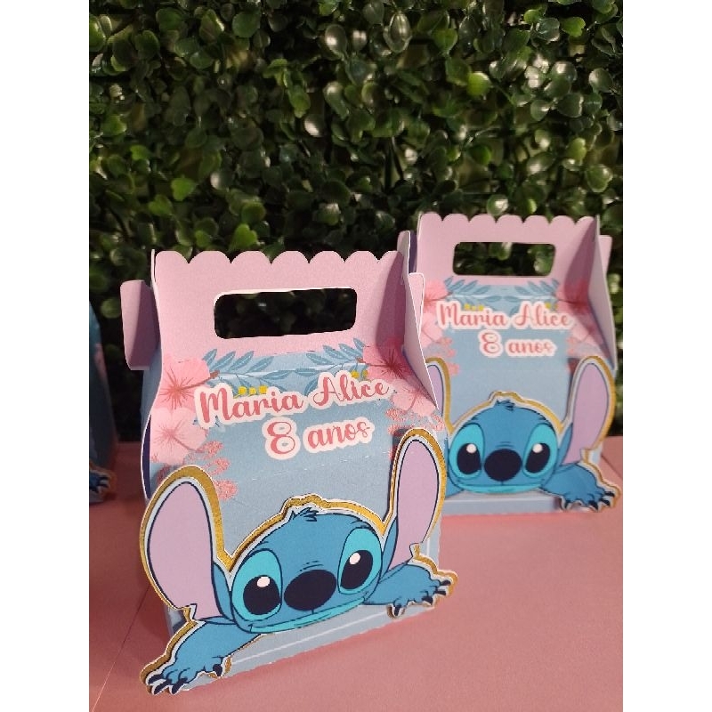 Lembrancinhas de aniversário Stitchh rosa Caixa maleta e Tubete personalizado