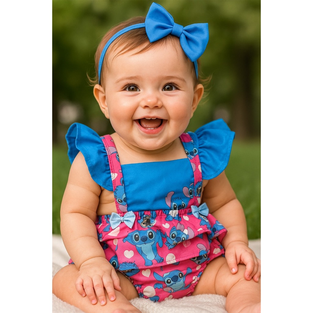 Vestido Infantil Stitch Temático Mesversário Stitch Roupa De Bebe Lilo e Stitch Romper Jardineira Vestidinho bebe