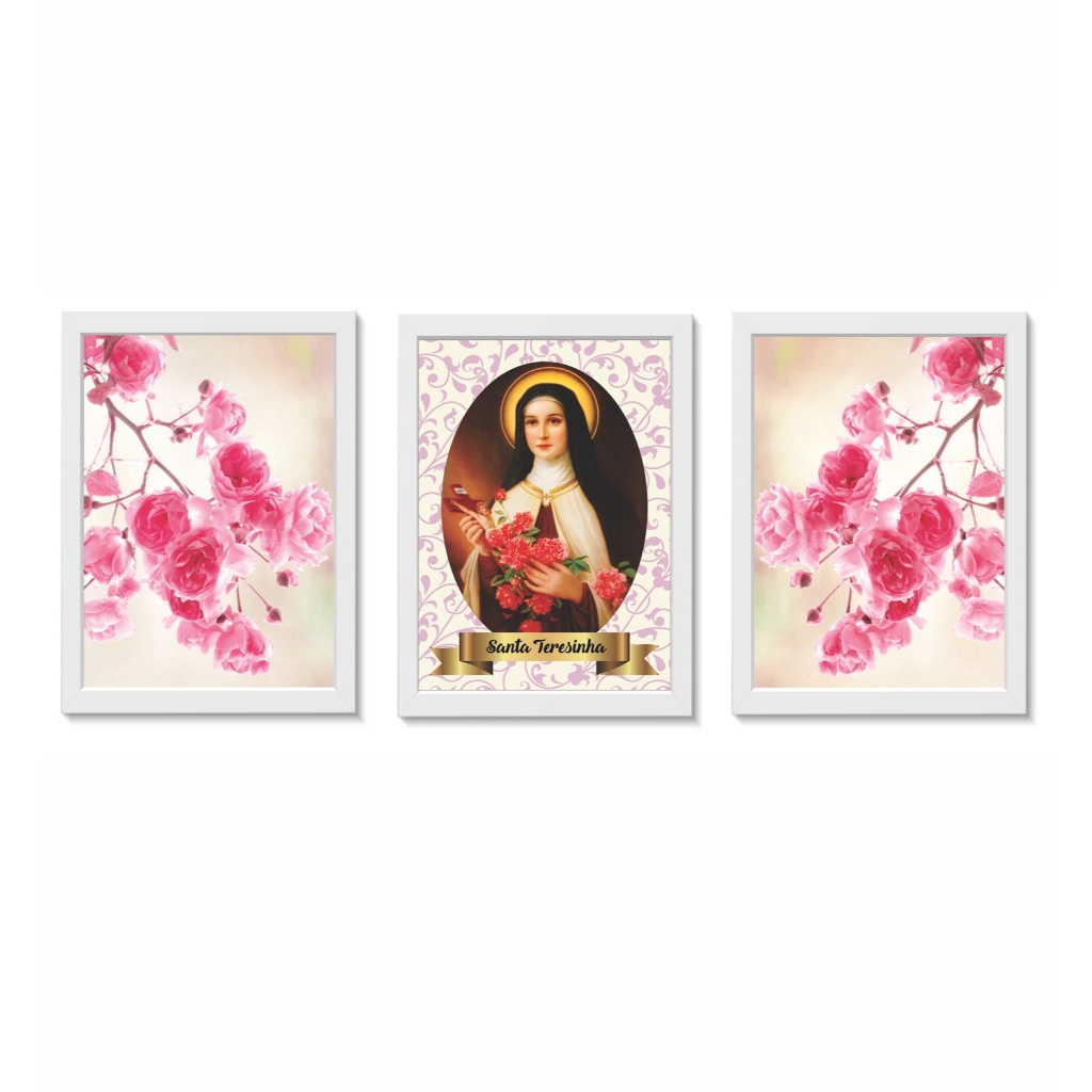 Kit 3 Quadros Decorativos Santa Terezinha Rosas Decoração Religiosa Molduras 20x30cm Madeira