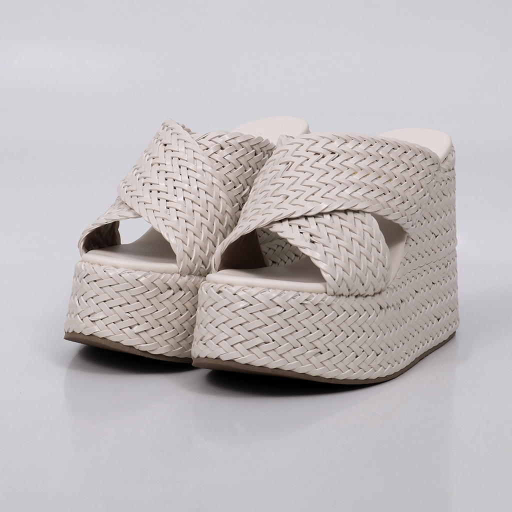 Tamanco Anabela Feminino Not Me Shoes Dubai Off White  com Plataforma e Tiras Trançadas Modernas