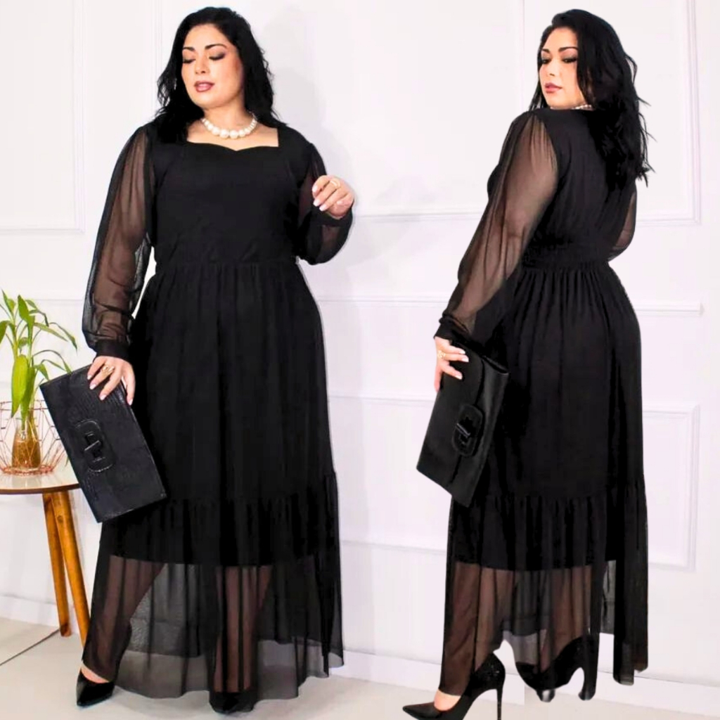 Vestido de Festa Longo Plus Size de Casamento Moda Evangélica Cristã Elegante Acinturado Luxo