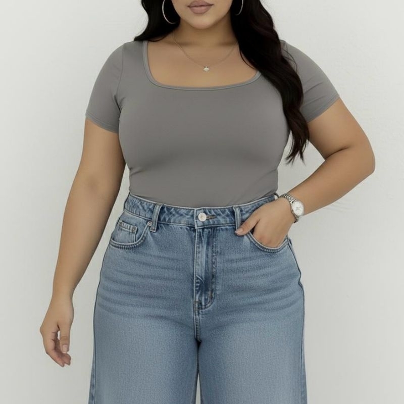 Collant Manga Curta Body Tamanho Grande Feminino Basico  Pluz Zise Quadrado Momento em Oferta na Shopee