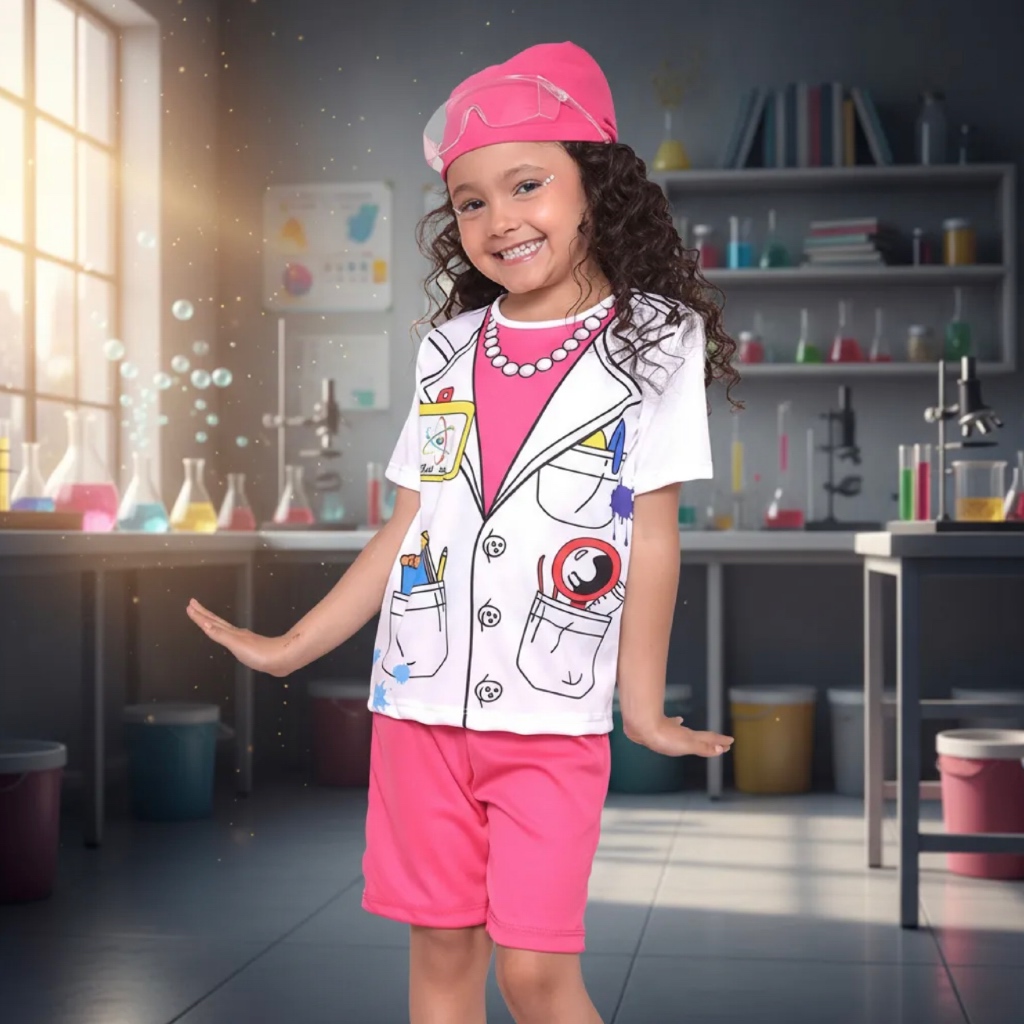 Fantasia Cientista Maluca Infantil Profissão Jaleco Laboratório Criança Férias Envio Imediato