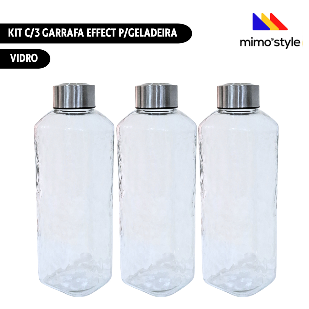 Kit c/3 unid Garrafa Effect Quadrada 1 Litro Vidro Geladeira Tampa Inox Mimo Style em Oferta na Shopee