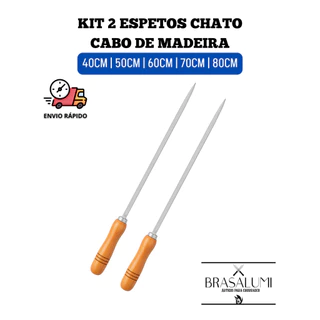kit 2 ESPETOS CHATOS EM ALUMÍNIO CABO DE MADEIRA P/ CHURRASCO