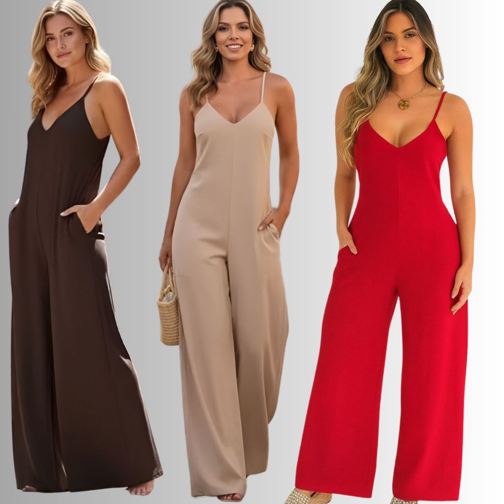 Macacão Pantalona Vermelho Feminino Alça Fina com Bolsos Elegante Decote V Tecido Premium