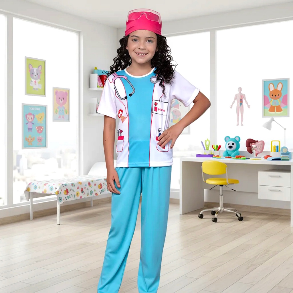 Fantasia Médica Cirurgiã Infantil Doutora Enfermeira Profissão Saúde Festa + Bandana Envio Imediato