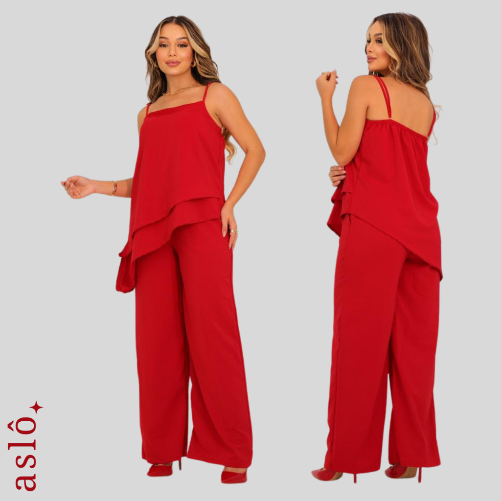 CONJUNTO CALÇA PANTALONA BLUSA ALCINHA ASSIMETRICA CREPE ALFAIATARIA VERMELHO NATAL