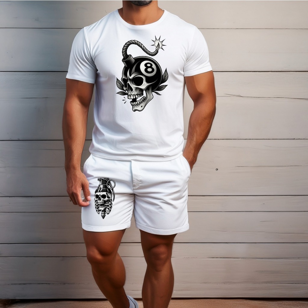 conjunto kit Camiseta camisa e Short Tectel Conjunto Masculino Estilo ROCK CAVEIRA BOMBA LANÇAMENTO