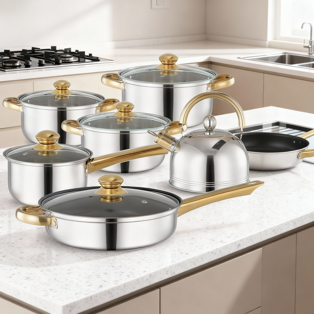 Conjunto em aço inoxidável 12PCS Antiaderente 5 Panelas com Tampa e Uma Frigideira Com Tampa, Fino Acabamento