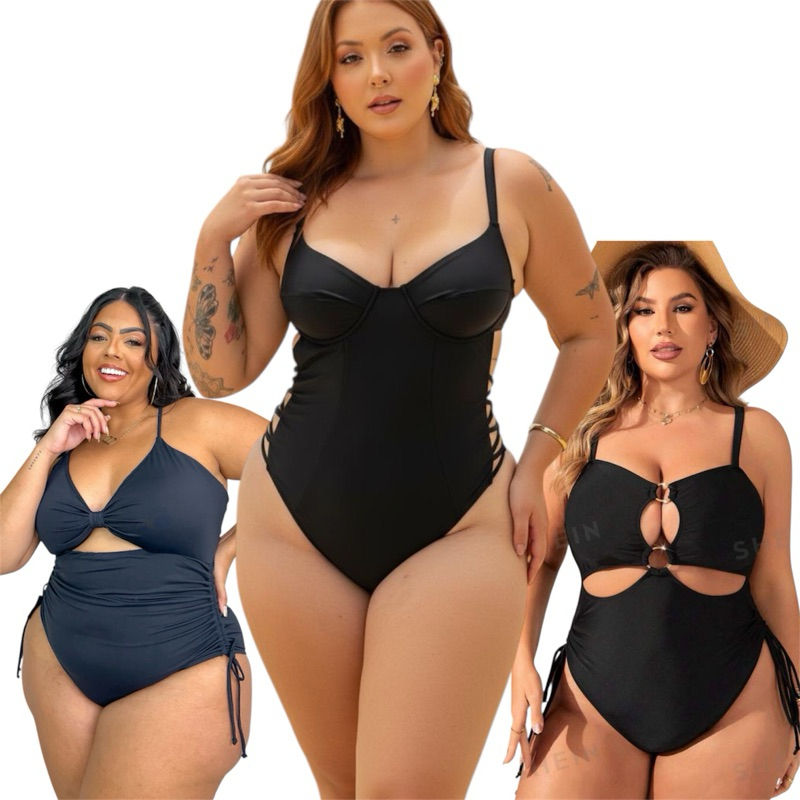 Body Maiô Feminino Plus Size Preto Decote Engana Mamãe Biquini Cintura Alta Moda Praia
