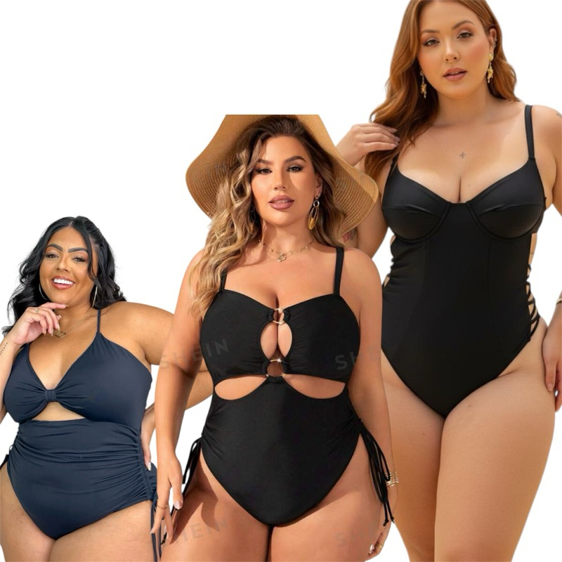 Body Maiô Plus Size Feminino Preto Biquini Praia Hot Pants Cintura Alta Engana Mamãe