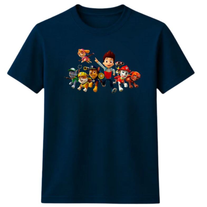 Camisa Infantil Unisex Estampa Patrulha Canina Algodão Premium Manga Curta 2 ao 14