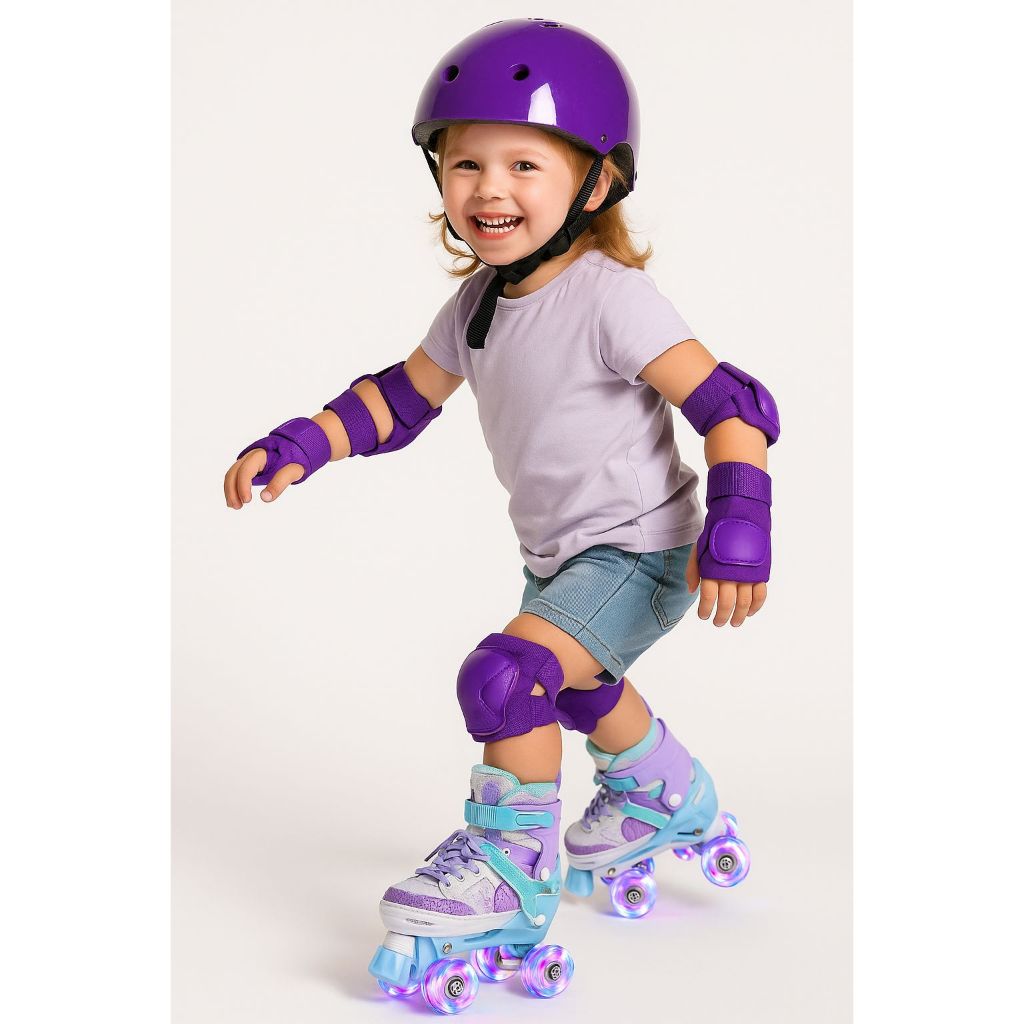 Patins Sereia Roxo 4 Rodas Regulável Infantil com luz de LED Com e Sem Kit Segurança