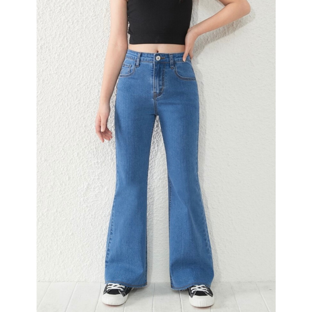 Calça Jeans Feminina Flare Básica Bailarina de Menina Ajuste na Cintura Escolar Juvenil 10-16 Denim em Oferta na Shopee