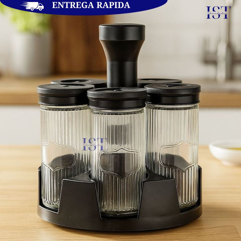 Porta Temperos 6 Potes Vidro com Tampa Dosadora Organizador Giratório Condimentos em Oferta na Shopee