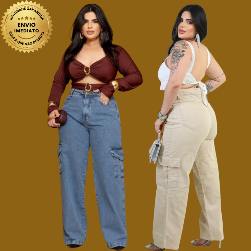Calça Jeans Cargo Feminina Premium Cintura Alta C/ Bolsos Amplos, Modelagem Reta e Tecido 100% Algodão de Alta Qualidade em Oferta na Shopee