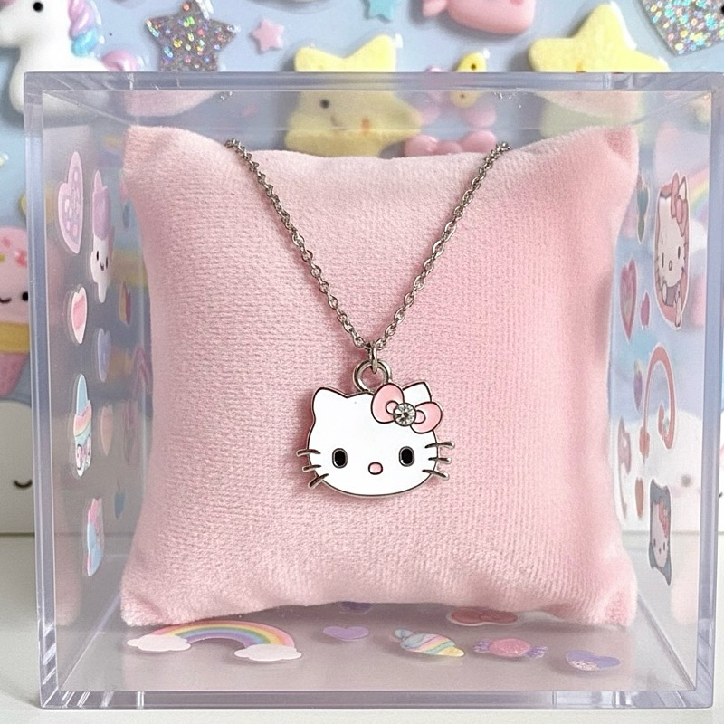 Colar Olá gatinha kitty laço rosa com strass esmaltado corrente pingente aço inox adulto/infantil
