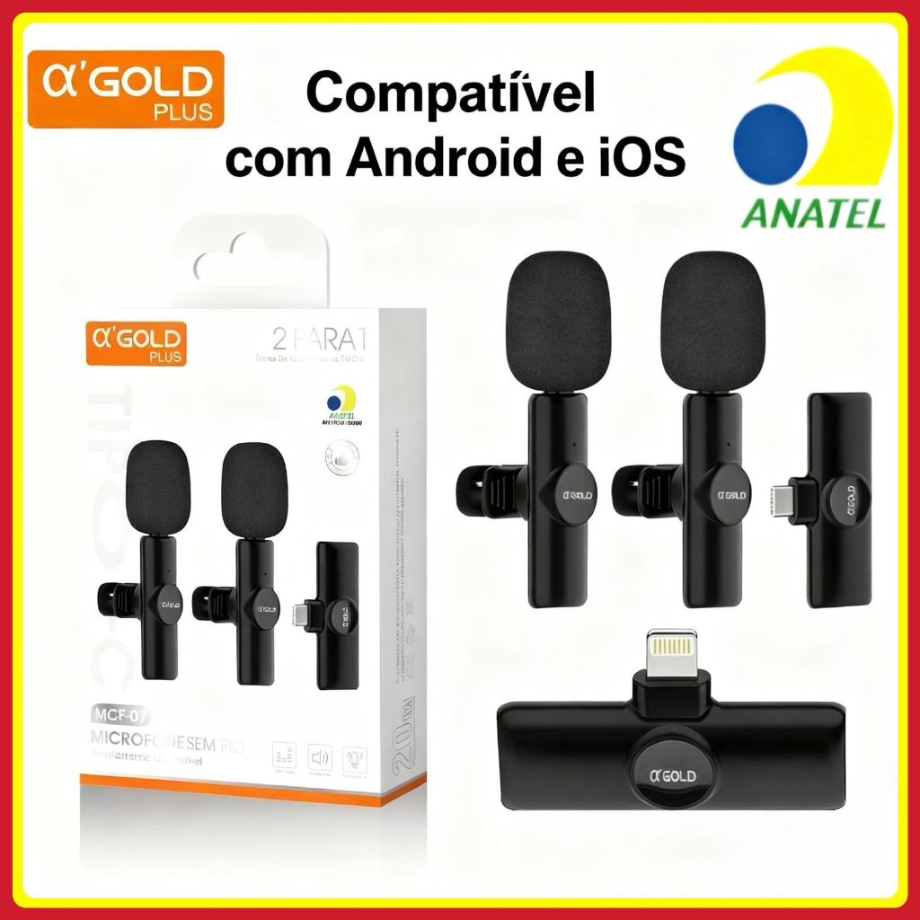 Microfone de Lapela Sem Fio K9 Vlog Alta Definição Compatível Tipo C e iPhone -original A’GOLD