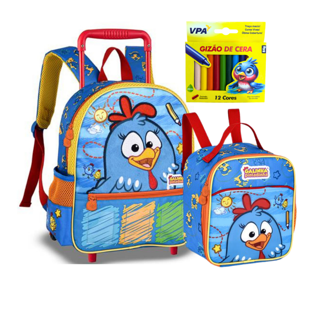 Kit Galinha Pintadinha Mochila Rodinhas + Lancheira + Giz de Cera 12 cores Clio Azul em Oferta na Shopee