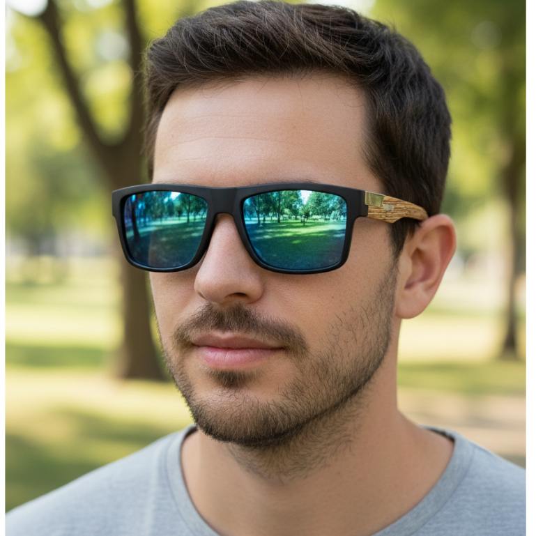 Óculos de Sol Masculino Quadrado com Haste Estilo Madeira - Lente Escura UV400 Casual e Esportivo