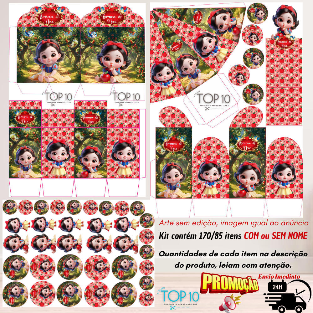 Kit de Lembrancinhas Personalizadas com 170/85 itens TEMA: BRANCA DE NEVE IA - Envio rápido em Oferta na Shopee