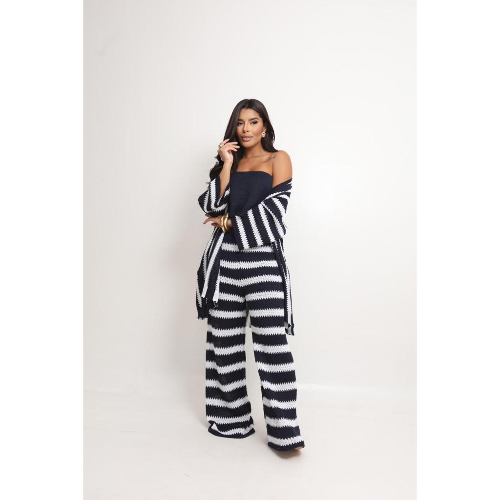 Conjunto Tricot Feminino 3 Peças Listrado – Calça Wide, Top Faixa e Kimono | Alta Elasticidade