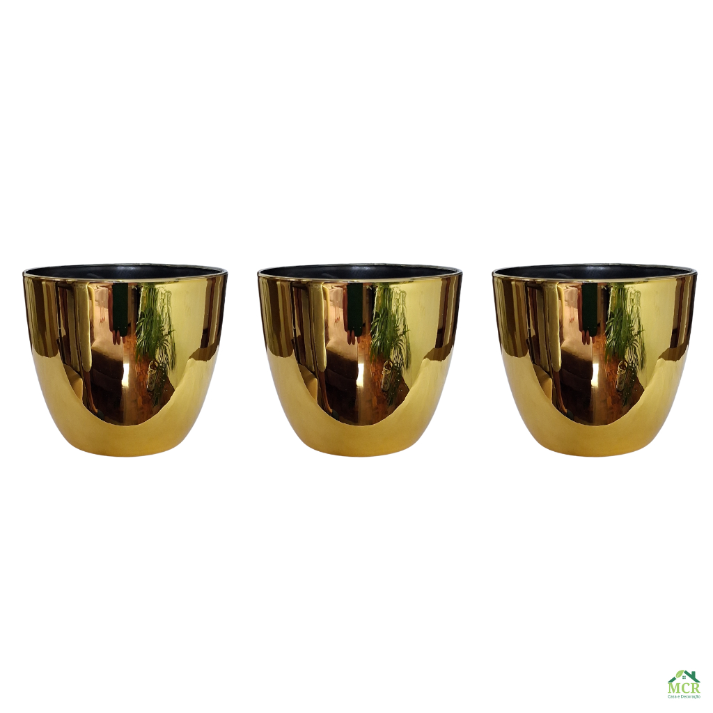 KIT 3 Cachepot Vasos Decorativos de Plástico Dourado Redondo Liso para Arranjo, Flores, Plantas Artificiais e Suculentas