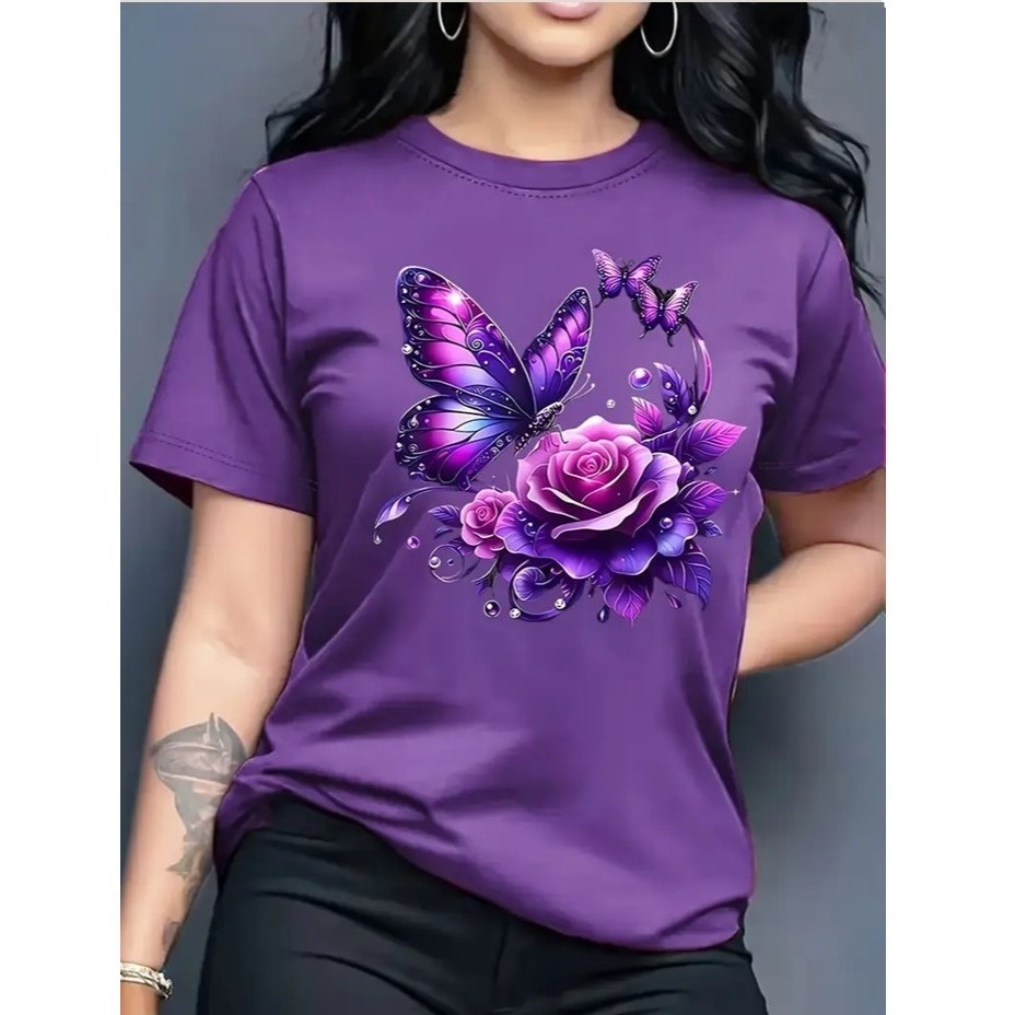 🦋 Camiseta Feminina Borboleta Floral 100% Algodão Premium – Estilo, Conforto e Elegância Casual em Oferta na Shopee