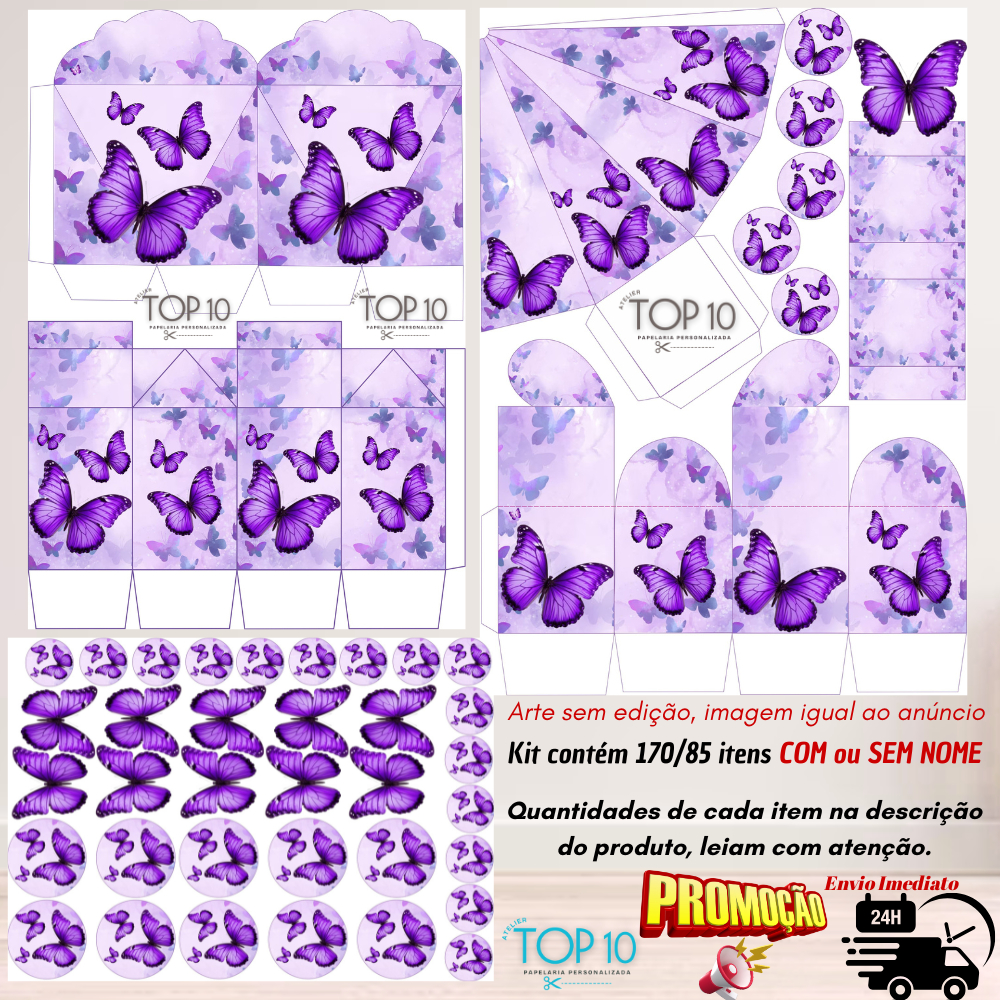Kit de Lembrancinhas Personalizadas com 170/85 itens  TEMA: BORBOLETA LILAS/ROXA - Envio rápido