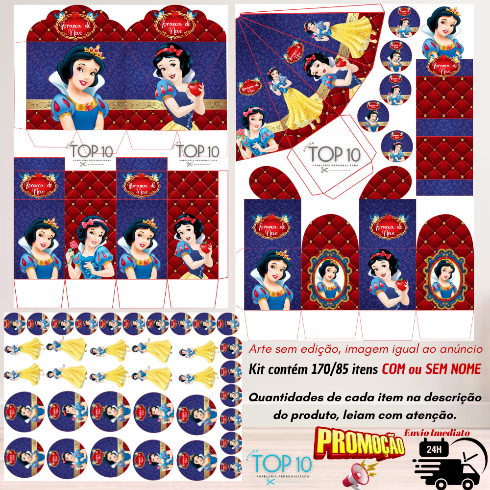 Kit de Lembrancinhas Personalizadas com 170/85 itens  TEMA: BRANCA DE NEVE REALEZA - Envio rápido em Oferta na Shopee