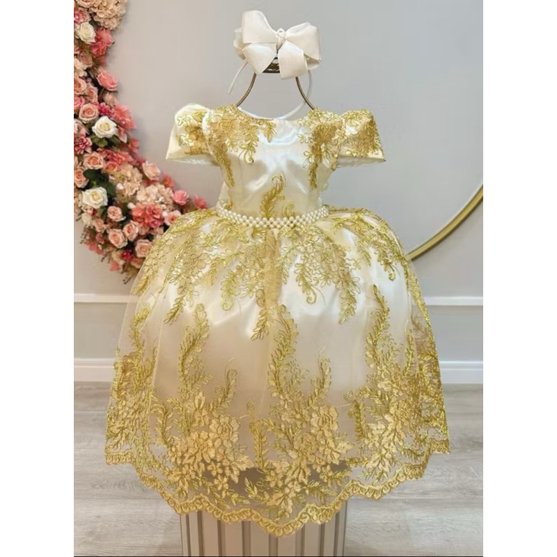 Vestido de Festa Infantil Batizado Aniversário Casamento Batizado Dourado Daminha Vestido Princesa Realeza Infantil Luxo em Oferta na Shopee