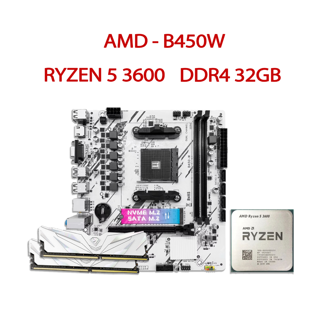 Kit Ryzen5 AMD White TPM 2.0, Placa mãe B450W, Processador Ryzen 5 3600, Memória DDR4 32Gb 2x16