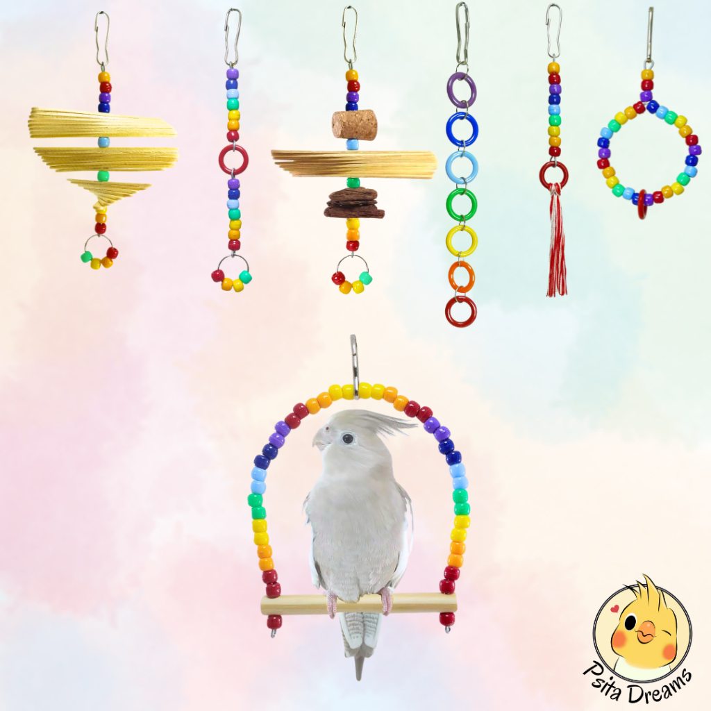 Kit Balanço + Penduricalhos Arco-Íris Calopsita, Agapornis, Periquito, Aves, acessórios para gaiola, poleiro, escada