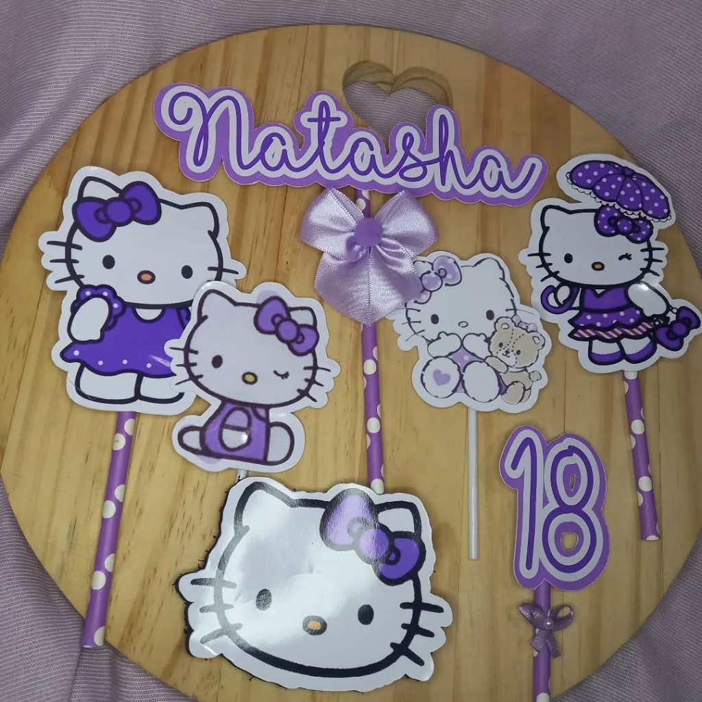 💜 :) Topo de Bolo Hello Kitty Roxo Lilás Purple  Lilac Personalizado Nome Idade Festa Aniversário | Cake Topper