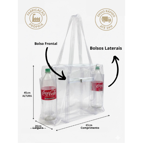 Bolsa Transparente reforçada PVC cristal EXTRA GRANDE, JUMBO, Bolso frontal e laterais. Maternidade praia institucional