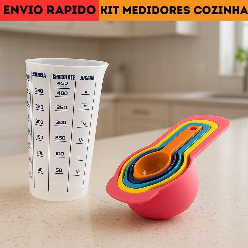 Kit Medidas Cozinha 6 Colheres + Copo 500ml Reforçado Com Bico Dosador Receitas Cozinha Bolo Pudim