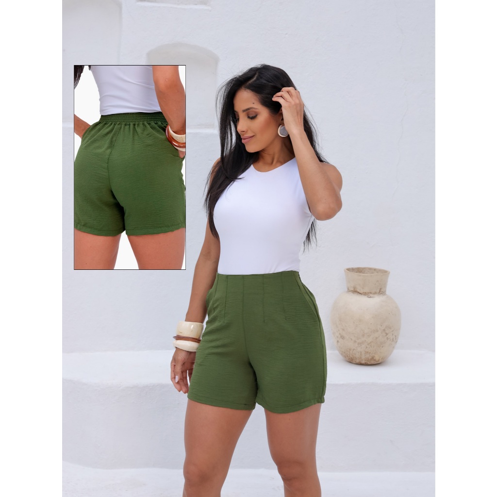 Shorts Curto Feminino Alfaiataria Bolsos Dunas Cintura Alta em Oferta na Shopee