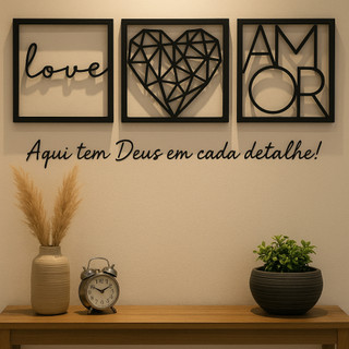 Kit com 3 Quadros Decorativos + Frase Decorativa Aqui tem Deus em Cada Detalhe