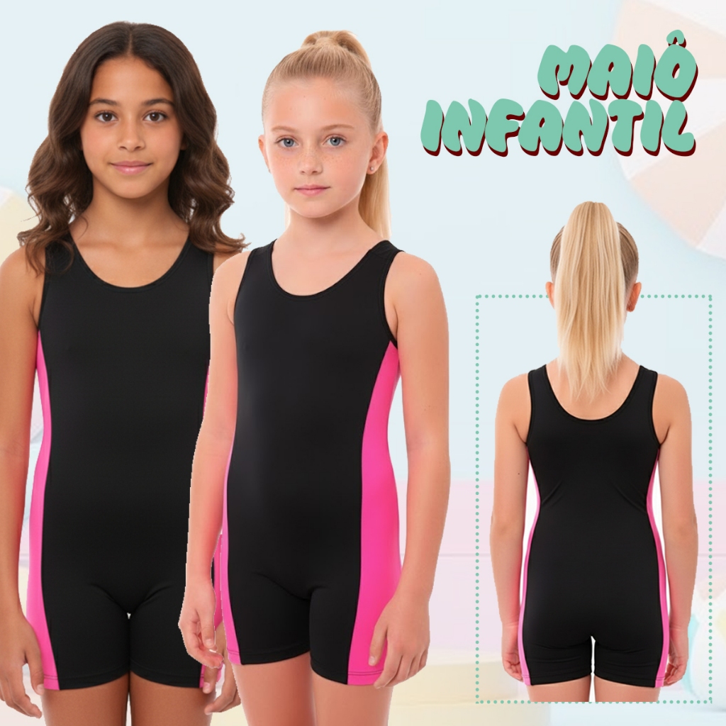 Maio Infantil Feminino Macaquinho para Hidroginástica Natação Praia com Perninha do 6 ao 14