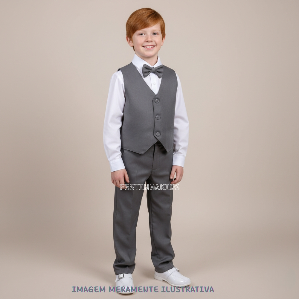 Conjunto Infantil Social Menino Miss Cherry Colete Cinza Batizado Festa Formatura Pajem