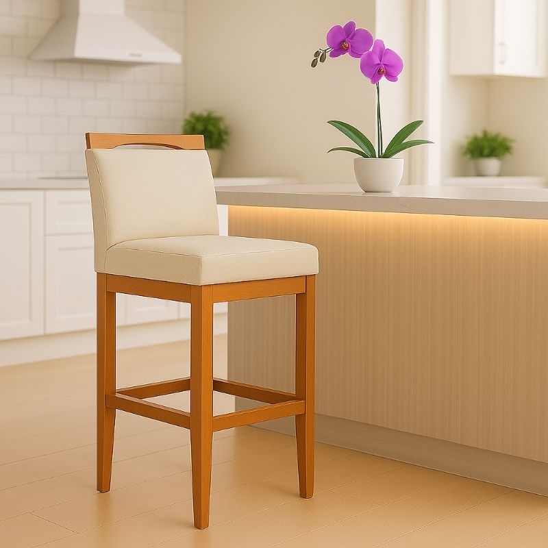 1 Banqueta Alta Lyara Estofada com Encosto em Madeira para Balcão de Cozinha Bancada Banco Alto Luxo em Oferta na Shopee