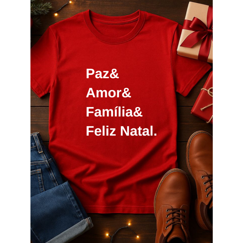 Camiseta Natalina Paz& Amor& Familia& Feliz Natal 100% Algodão Premium Unissex Familia