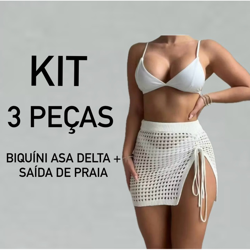 kit 3 peças saída de praia + biquíni asa delta feminino conjunto praia saia saida tricot vazada verao piscina ferias em Oferta na Shopee