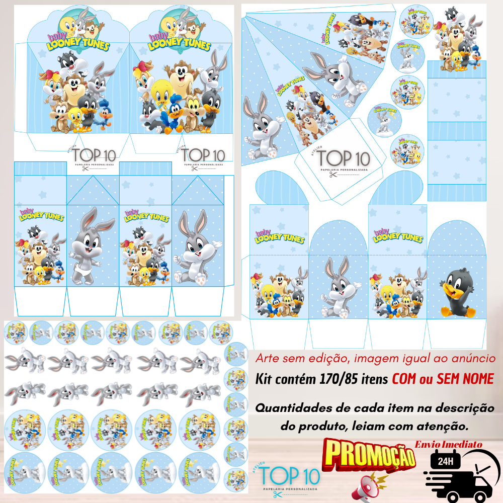 Kit de Lembrancinhas Personalizadas com 170/85 itens  TEMA: BABY LOONEY TUNES - Envio rápido em Oferta na Shopee