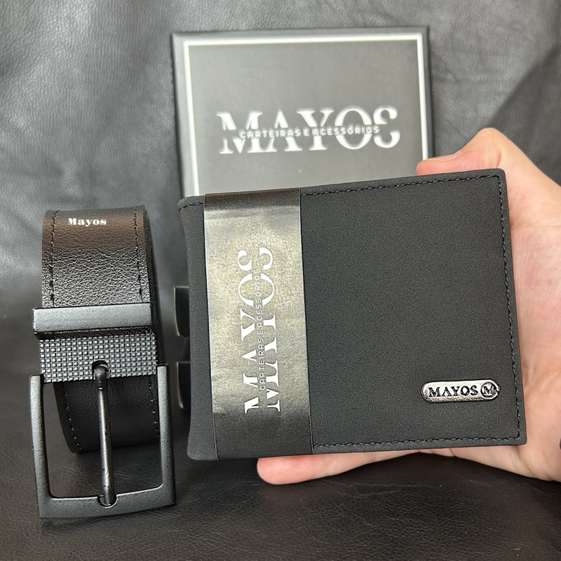 Kit Cinto Masculino 125 CM + Carteira Masculina Couro P.U MAYOS (COM CAIXINHA). em Oferta na Shopee